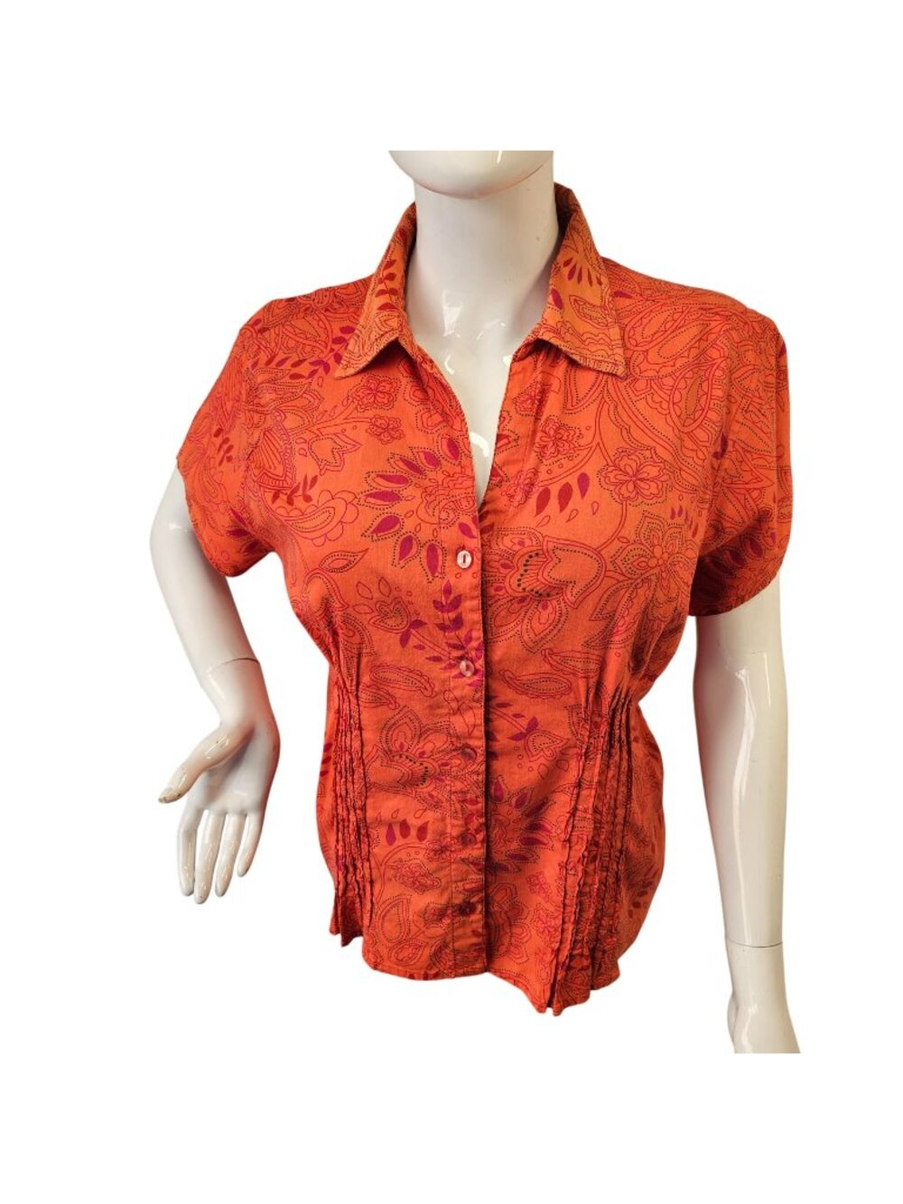Vintage 70s Pappagallo Womens L Tangerine Paisley Button Front Shirt Retro